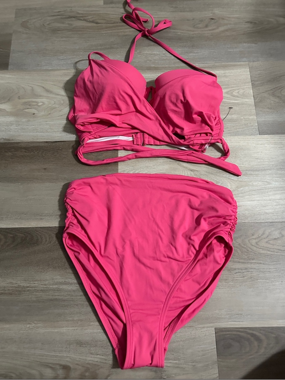 Carmen Marc Valvo Bright Pink Halter High-Waist Bikini. Top Small, Bottom Medium